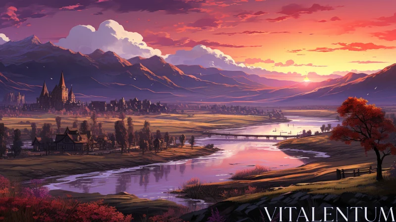 Anime Art Mountain Landscape with River in Violet and Red AI Image