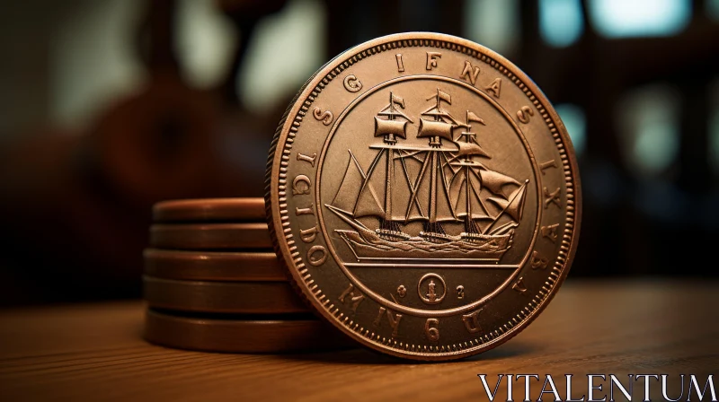 Artistic Copper Coin Displaying Nautical Precision in Victorian Glasgow Style AI Image
