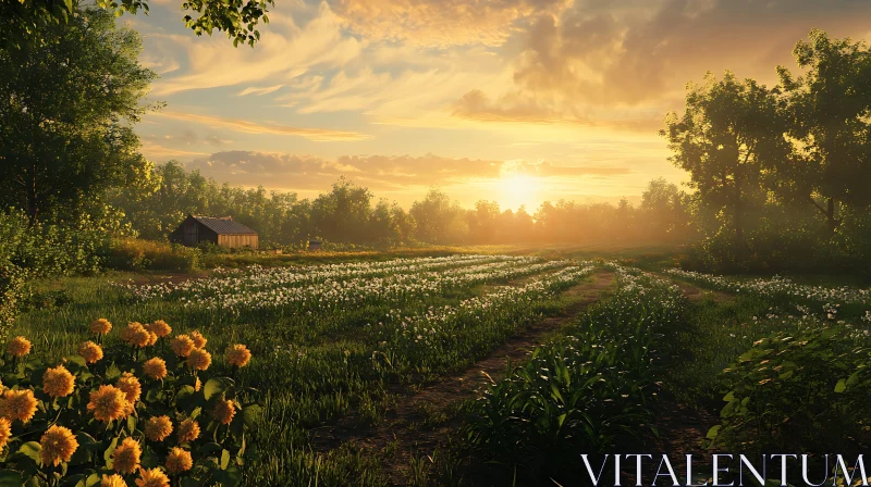 Tranquil Flower Field at Sunset AI Image