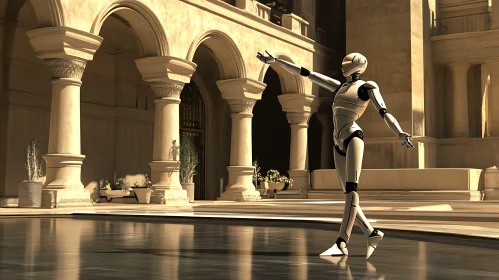 Elegant Robot Posing in Classic Architecture