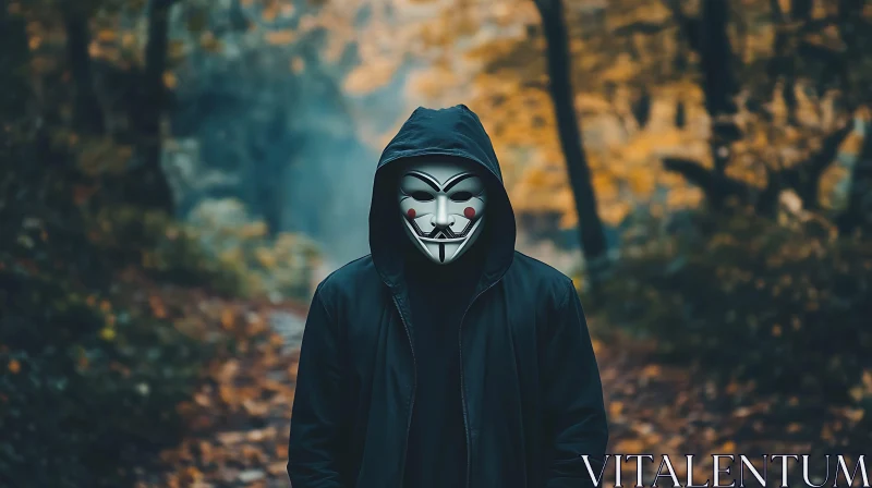 Hooded Figure with Mask in Woods AI Image