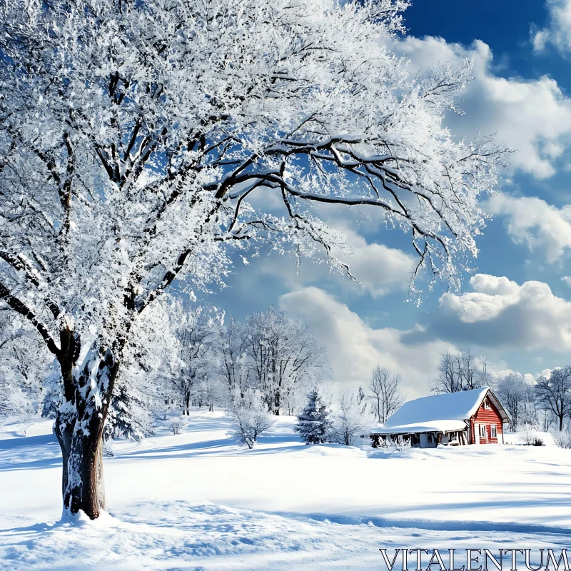 AI ART Snowy Winter Cabin with Frosty Trees