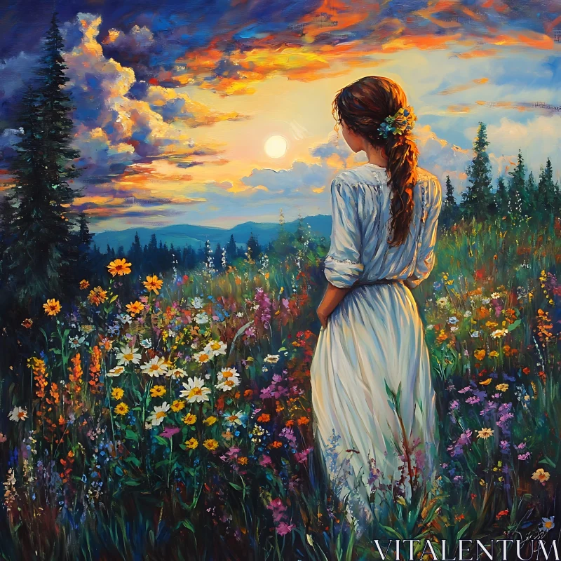 AI ART Sunset Serenity: Woman in Floral Meadow