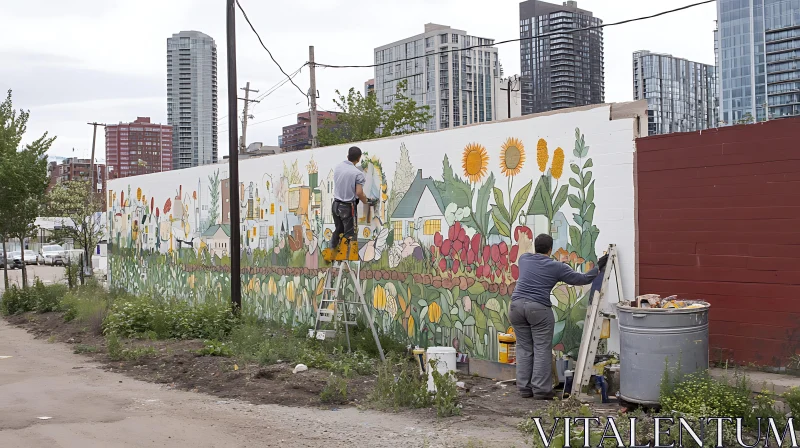 Artists Creating a Colorful Mural in the City AI Image