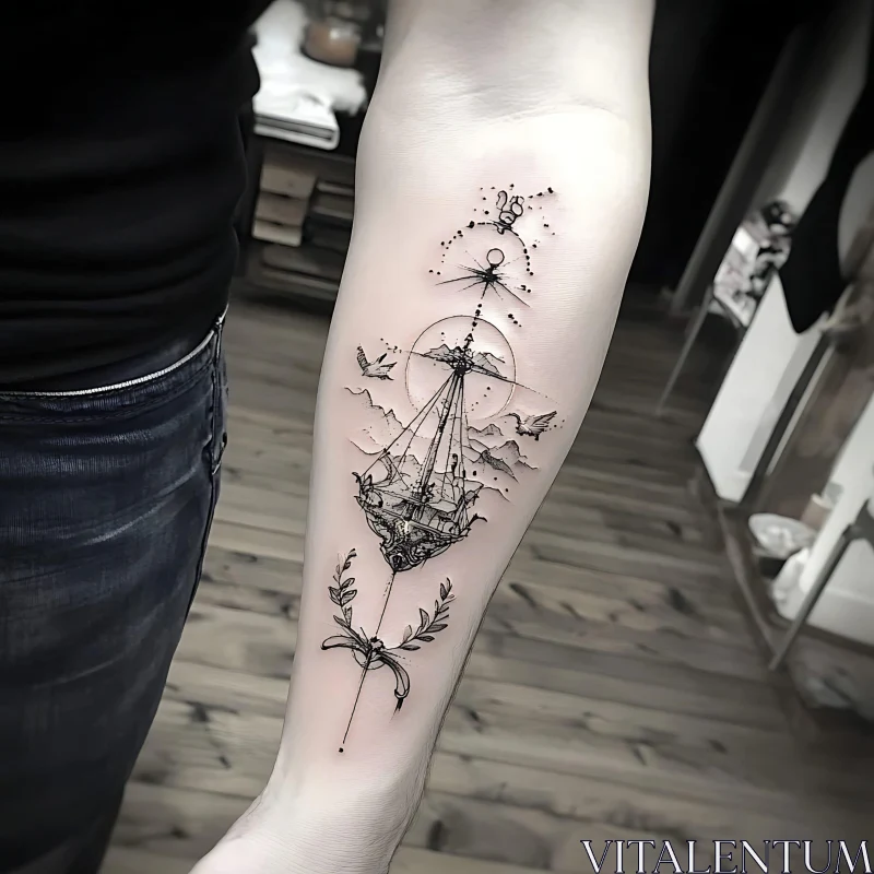 Black Ink Ship and Compass Tattoo Design AI Image