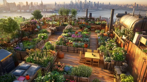 Urban Rooftop Garden with Flowers and City View