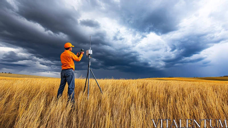 Man Photographing Storm in Golden Field AI Image