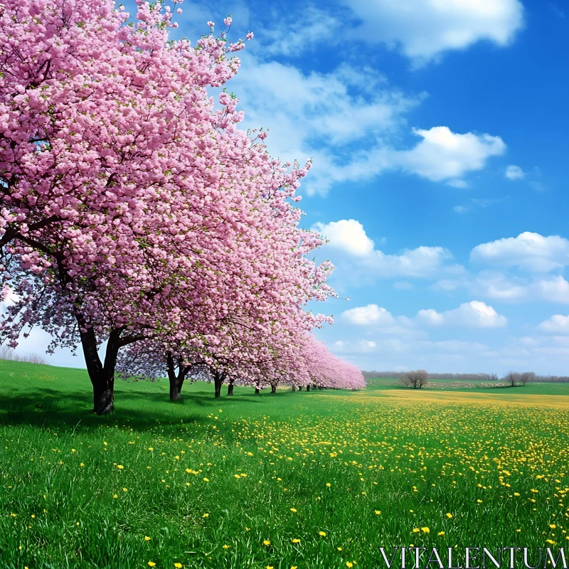 Blossoming Trees Landscape with Blue Sky AI Image