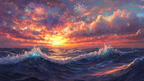 Sunset Ocean Waves with Fireworks