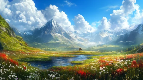 Scenic Mountain View with Flower Field