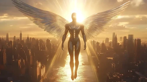 Metallic Angel Ascending Over City