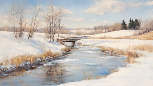 Serene Winter Stream and Snow-Covered Field