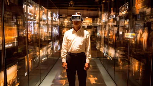 Man in VR Headset Surrounded by Screens