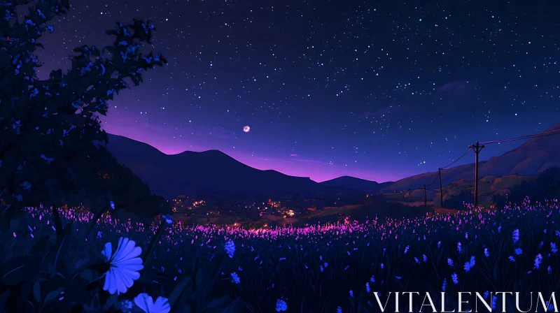 Floral Field Under Night Sky AI Image