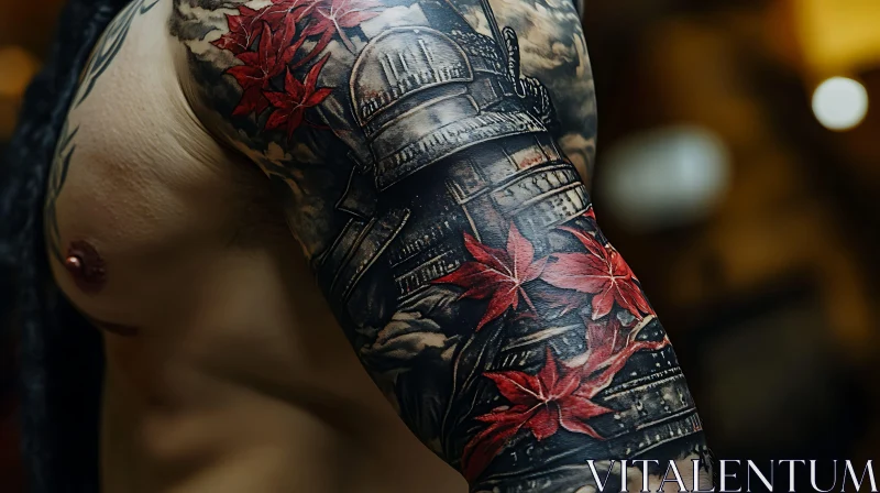 Ancient Architecture Sleeve Tattoo with Red Leaves AI Image