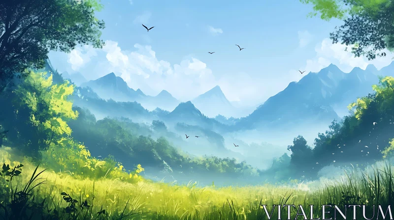 Serene Mountain Vista with Green Meadow AI Image