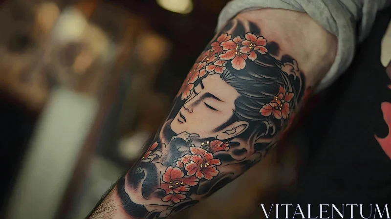 Serene Japanese Tattoo with Floral Design AI Image