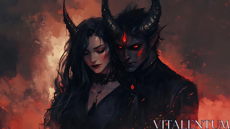 AI ART Infernal Embrace: A Demon Couple's Portrait