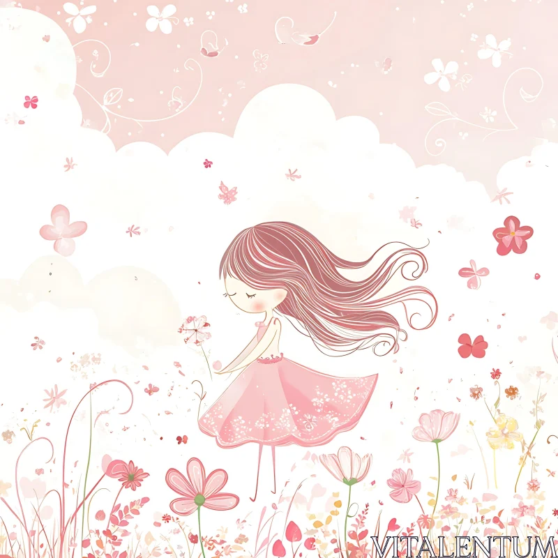 AI ART Whimsical Girl with Flowers Illustration