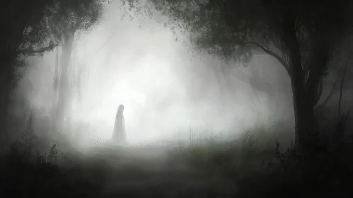 Mysterious Figure in Foggy Woods