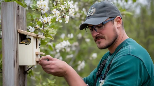 Birdhouse Caretaker with Bird and Flowers