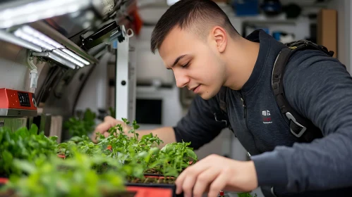 Man Nurturing Plants Indoors