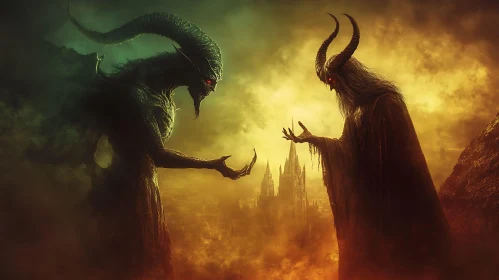 Demonic Confrontation in Hellish Landscape