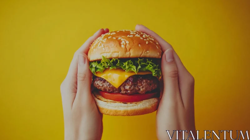 Hands Grasping a Cheeseburger with Lettuce, Cheese, and Tomato AI Image