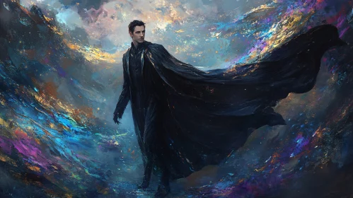 Man in Cape Amidst Cosmic Swirls