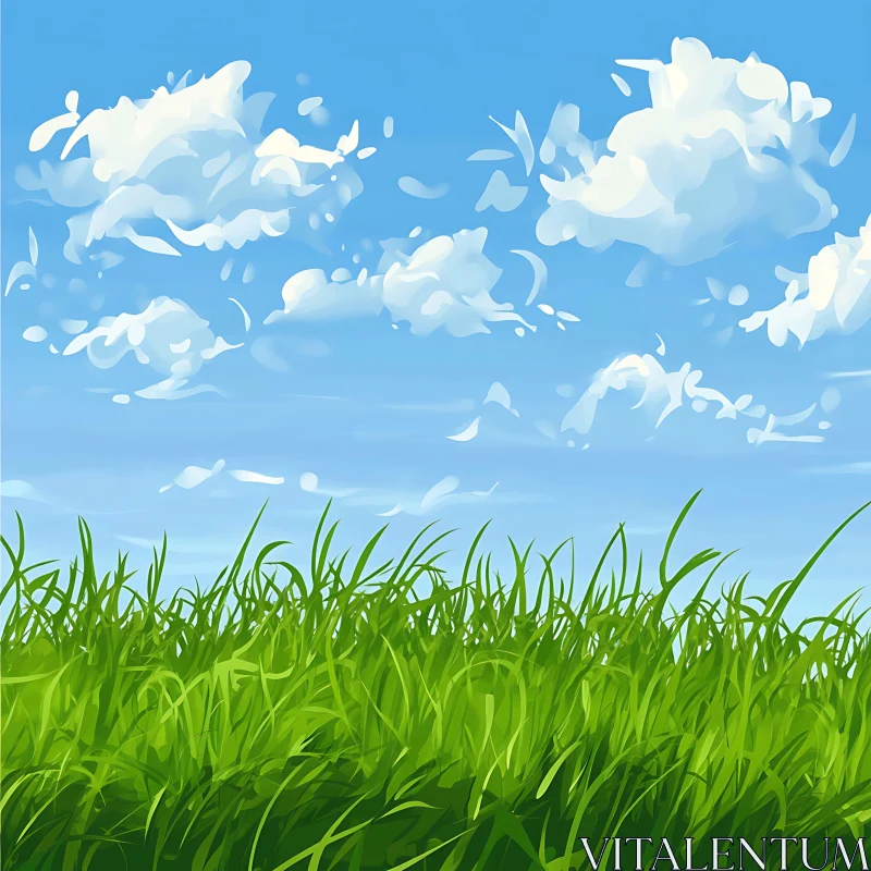 Green Grass and Cloudy Sky AI Image