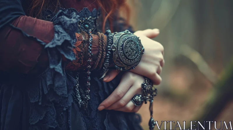 Elegance in Motion: Woman's Hands with Bracelets and Black Dress AI Image