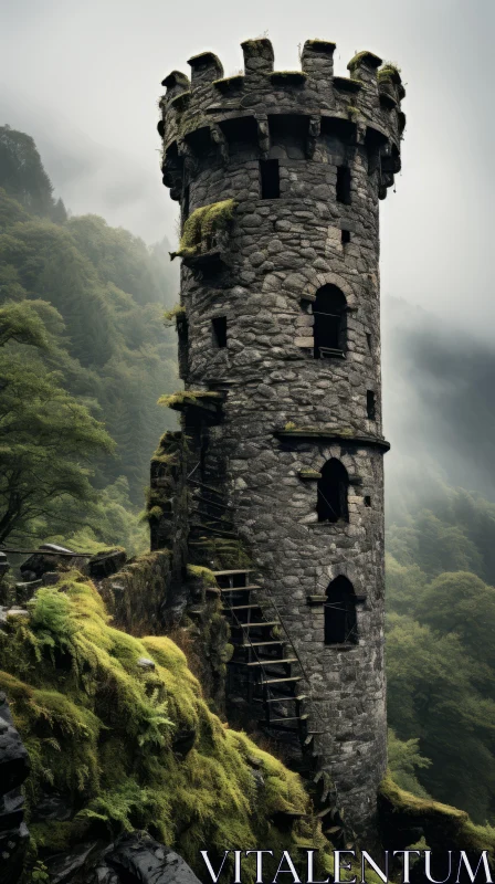 Enchanting Misty Mountain Tower - Captivating Dark Fairy Tale Image AI Image