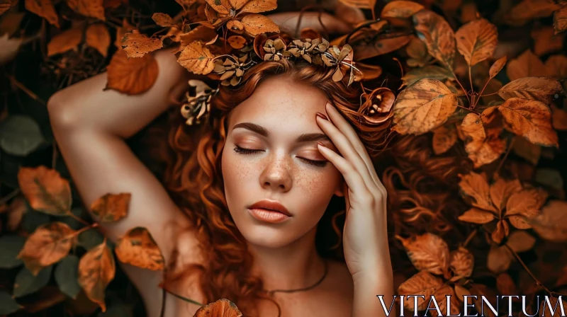 Ethereal Beauty Amongst Autumn Leaves | Stunning Red-Haired Woman AI Image