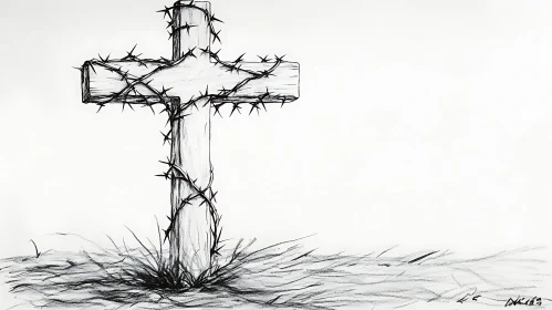 Symbolic Cross Sketch in Black and White