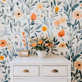 Bouquet on Dresser with Floral Wallpaper