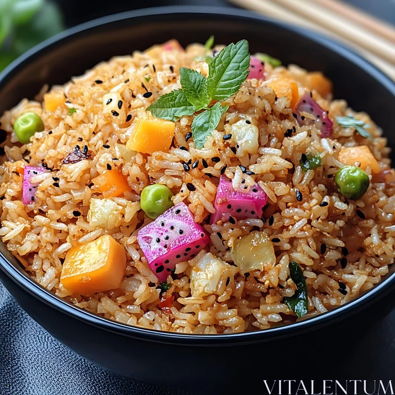 Colorful Fried Rice Bowl with Dragon Fruit and Mint Garnish AI Image