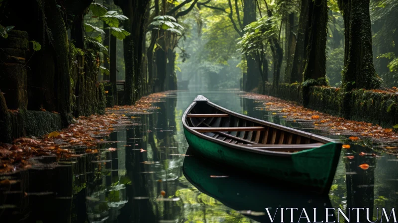 Green Boat on a Serene Pond - Mysterious Jungle Travel AI Image