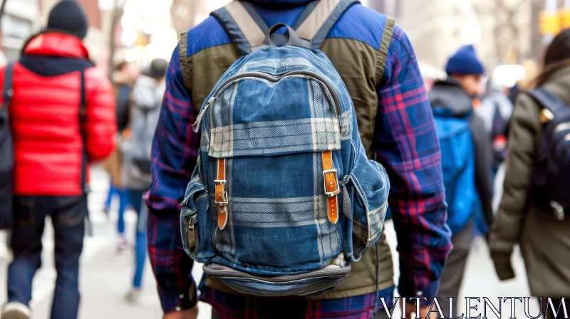 Man in Blue and Gray Plaid Flannel Shirt with Backpack Walking on Busy Street AI Image