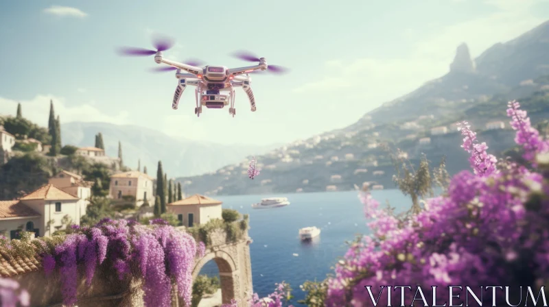 Mediterranean Marvel: Drone Over Floral Landscape AI Image