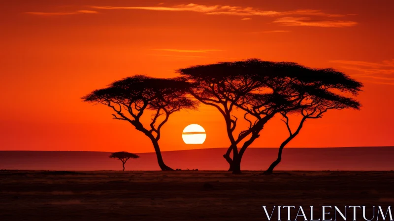 Silhouetted Trees at Sunset: Mesmerizing Optical Illusion in the Savanna AI Image