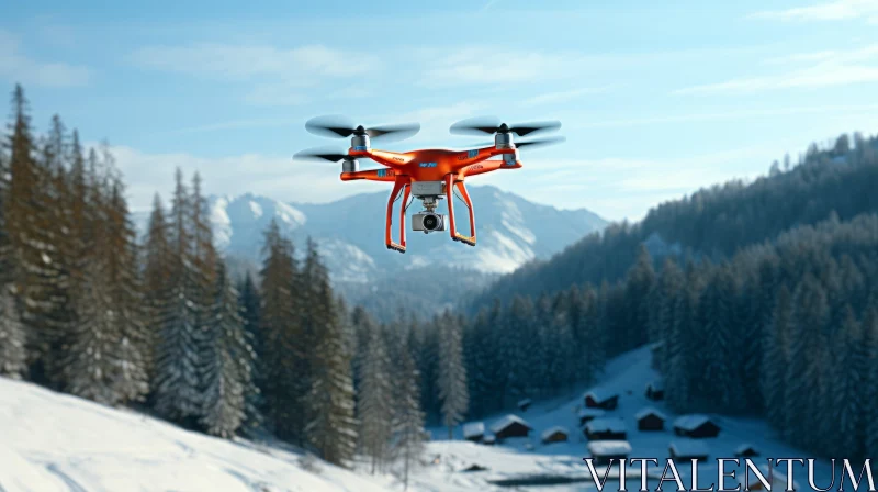 Small Drone Over Snowy Mountain Scene AI Image