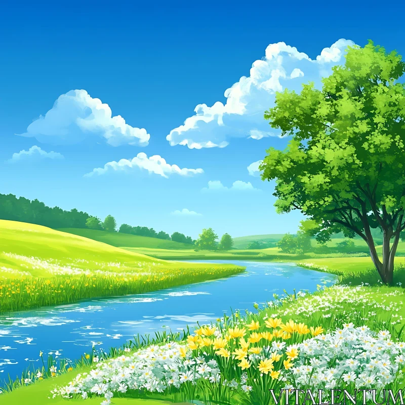 AI ART Scenic River and Meadow View