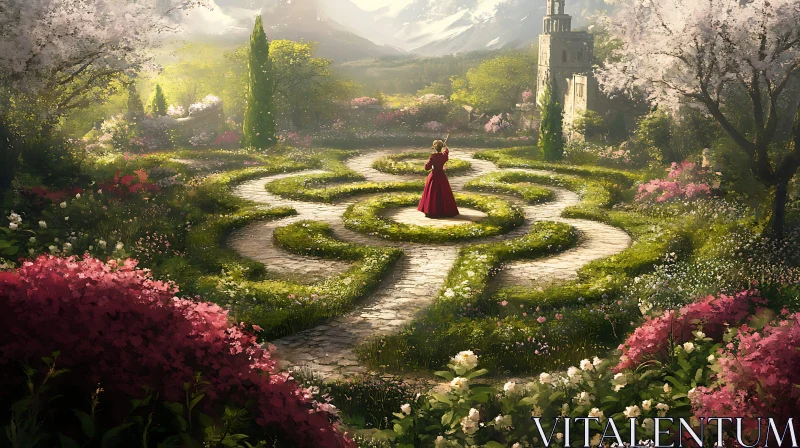 Woman in Red Dress in Garden Maze AI Image