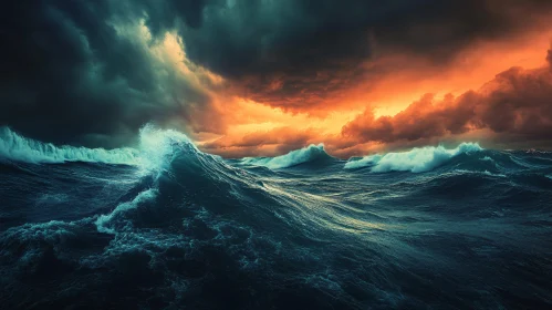 Stormy Ocean Waves at Fiery Sunset