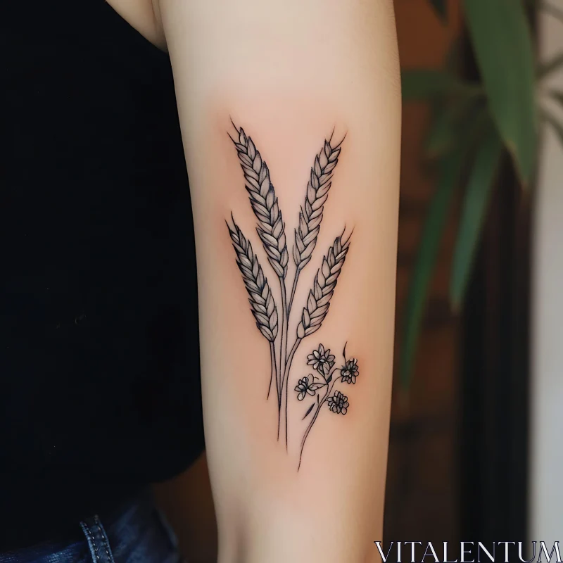 Black Ink Wheat and Wildflower Arm Tattoo AI Image