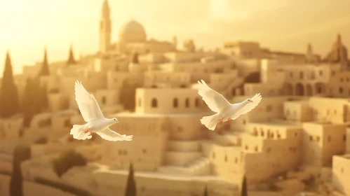 White Doves in Golden Light Over City