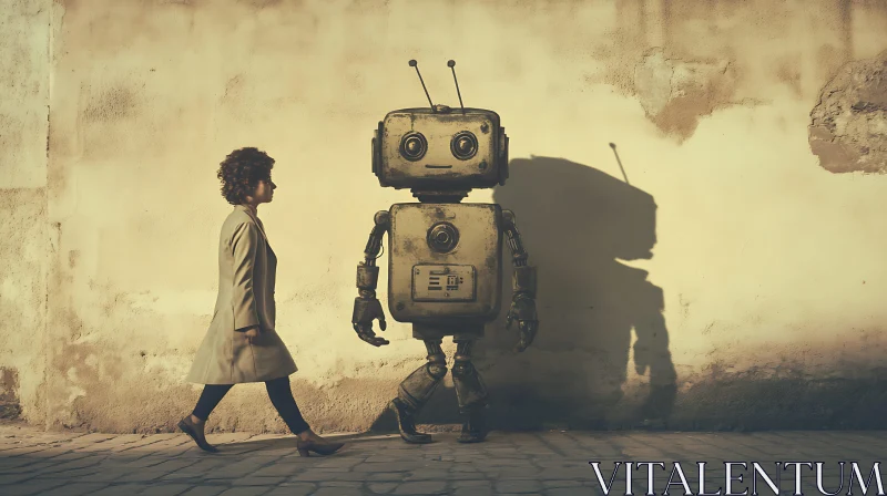 Robot and Woman Walking Together AI Image