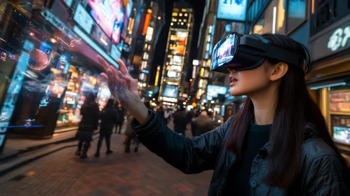 Woman Exploring Virtual Reality in Cityscape