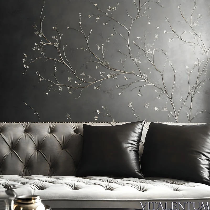 AI ART Chic Interior with Floral Wall and Grey Couch