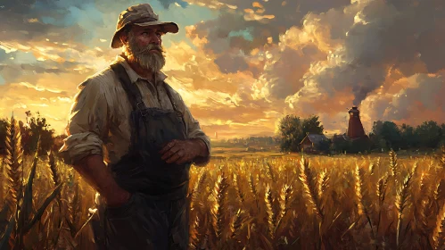 Rural Sunset Farmer in Wheat Field